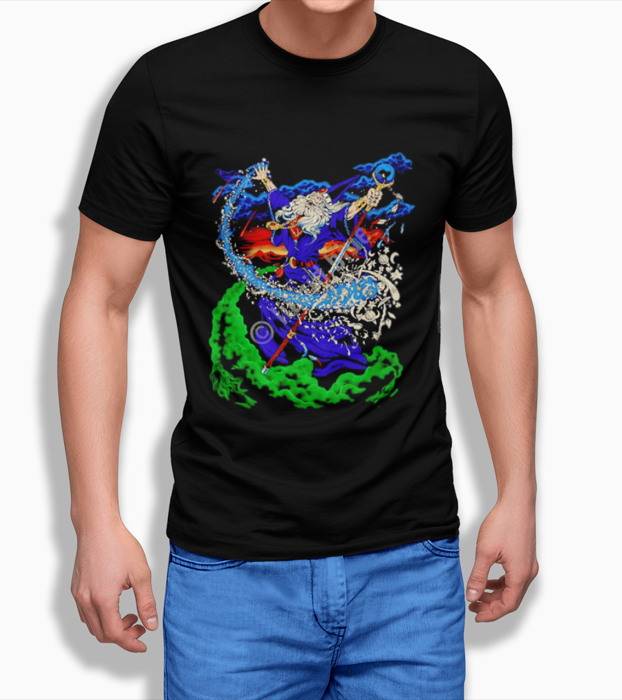 Wizard Casting Magic Conjuring Galaxies Fantasy Aurora Sky T-Shirt