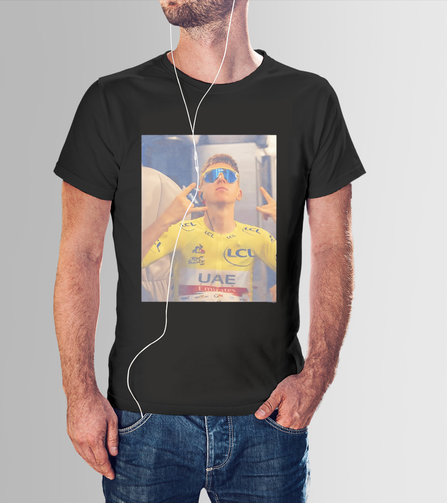 Tadej Pogačar In UAE Emirates Tour De France LCL Yellow Jersey With Sunglasses T-Shirt