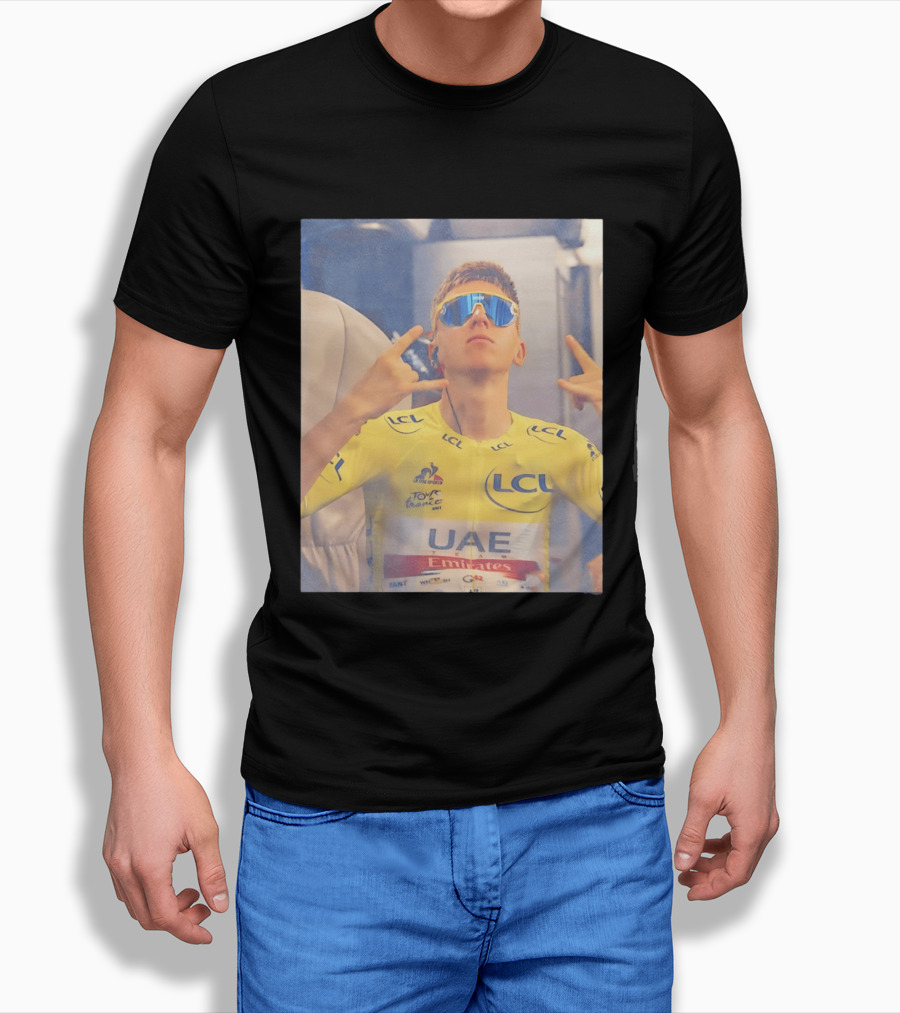 Tadej Pogačar In UAE Emirates Tour De France LCL Yellow Jersey With Sunglasses T-Shirt