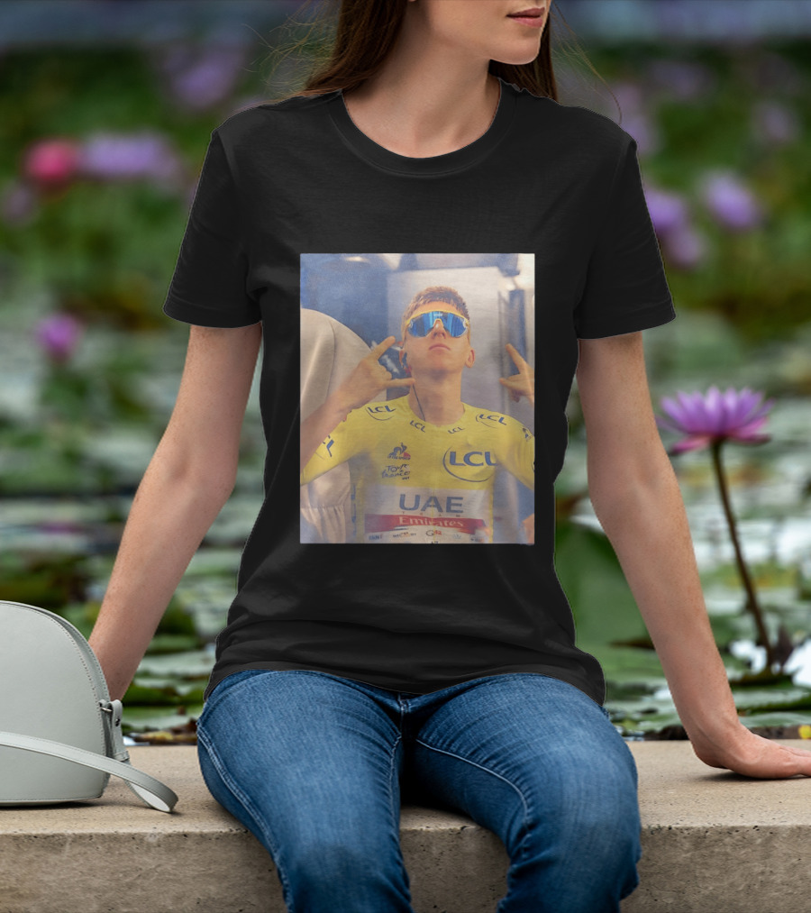 Tadej Pogačar In UAE Emirates Tour De France LCL Yellow Jersey With Sunglasses T-Shirt