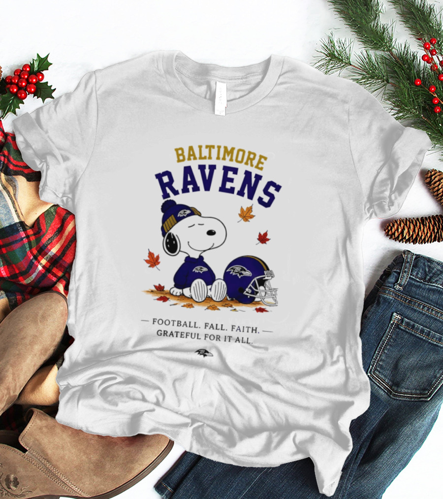 Baltimore Ravens Snoopy Football Fall Faith Grateful For It All T-Shirt