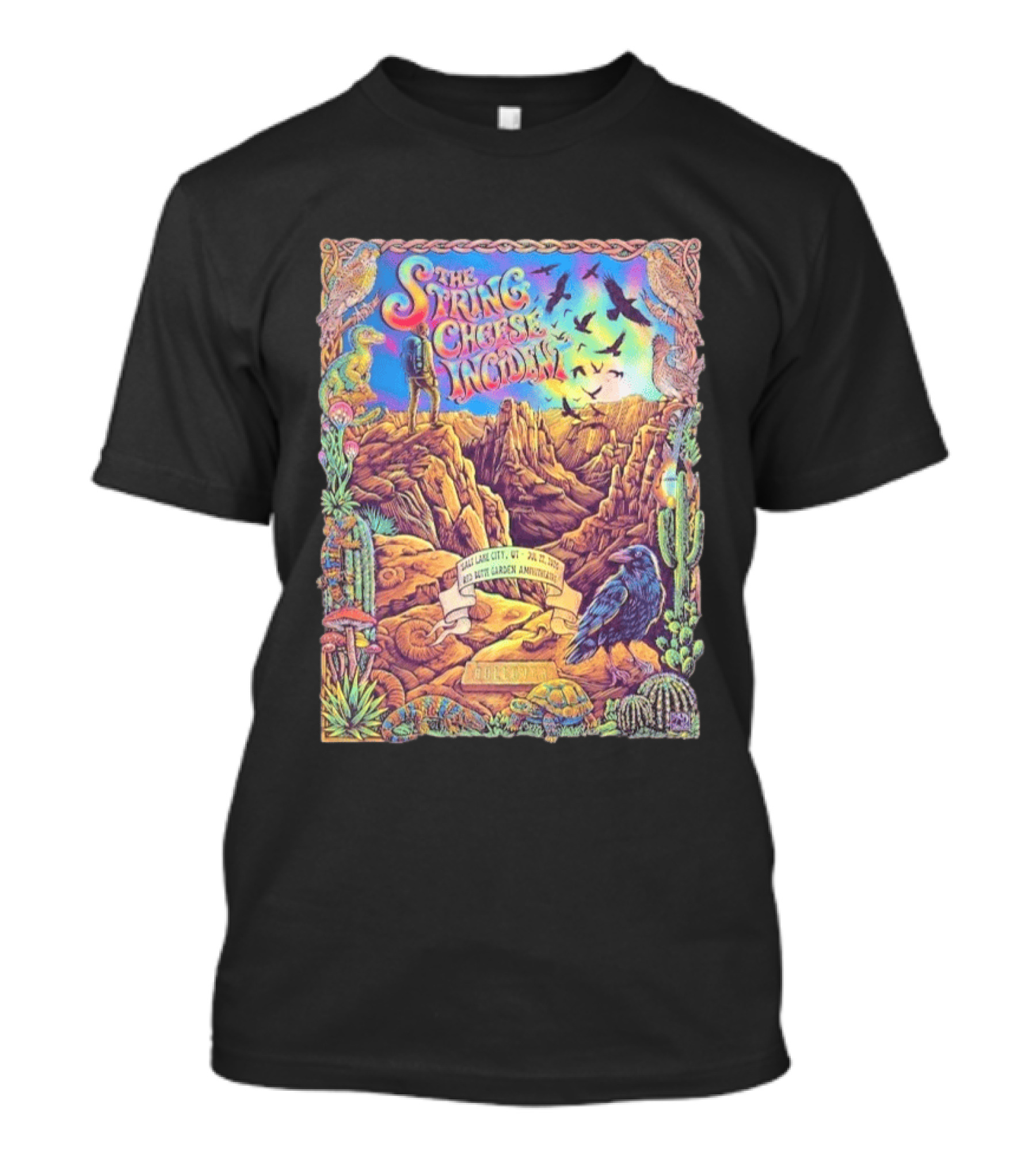 The String Cheese Incident Salt Lake City Utah Red Butte Garden Amphitheatre July 22 2026 Psychedelic Desert Scene With Wildlife And Cactus T-Shirt
