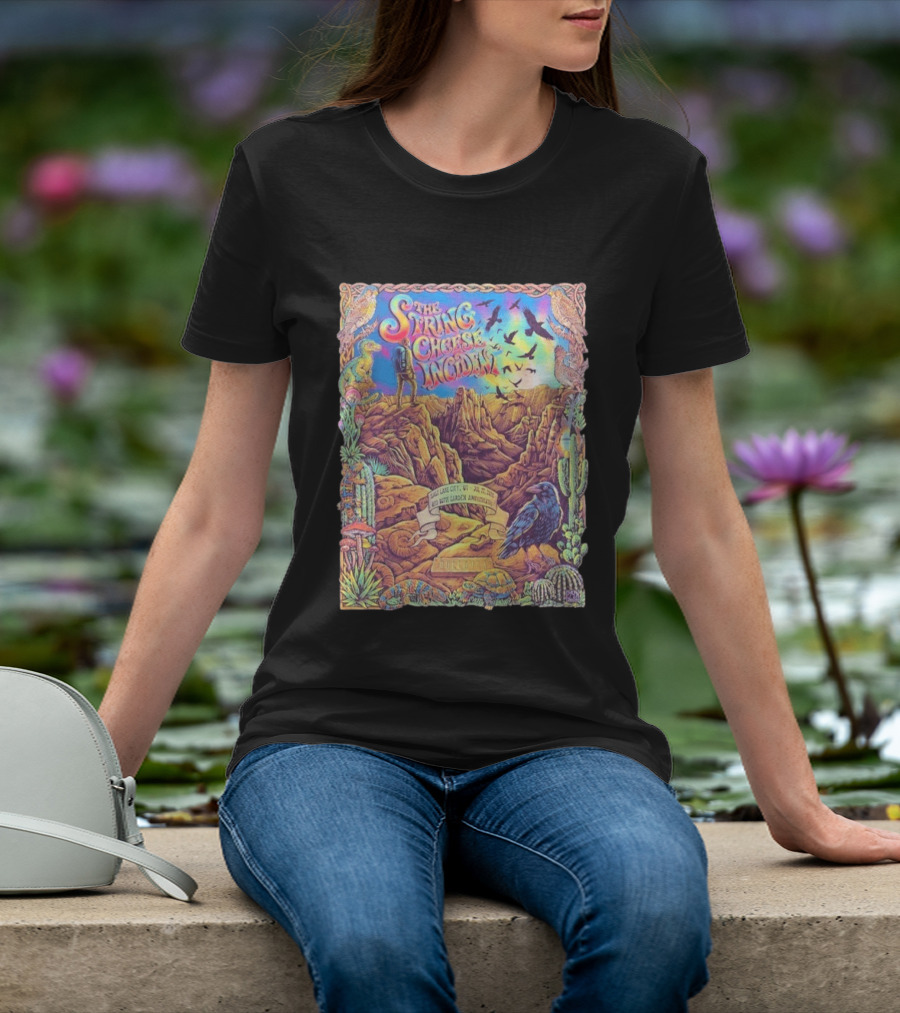 The String Cheese Incident Salt Lake City Utah Red Butte Garden Amphitheatre July 22 2026 Psychedelic Desert Scene With Wildlife And Cactus T-Shirt