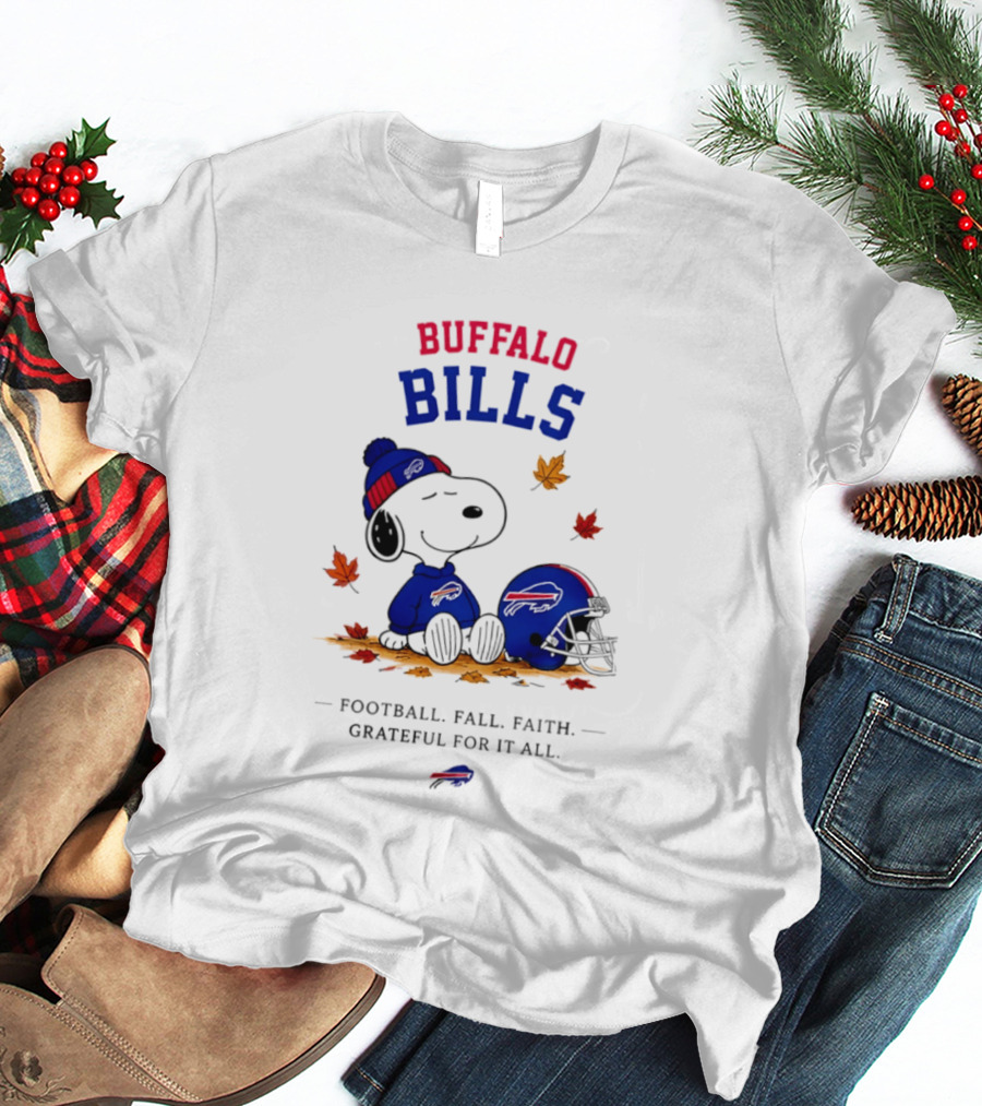 Buffalo Bills Snoopy Football Fall Faith Grateful For It All Leaves T-Shirt