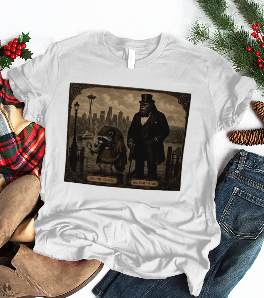 Jimothy Holmes Bigfoot Watson In Vintage Detective Scene Seattle Skyline T-Shirt