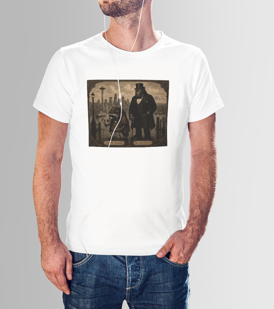Jimothy Holmes Bigfoot Watson In Vintage Detective Scene Seattle Skyline T-Shirt