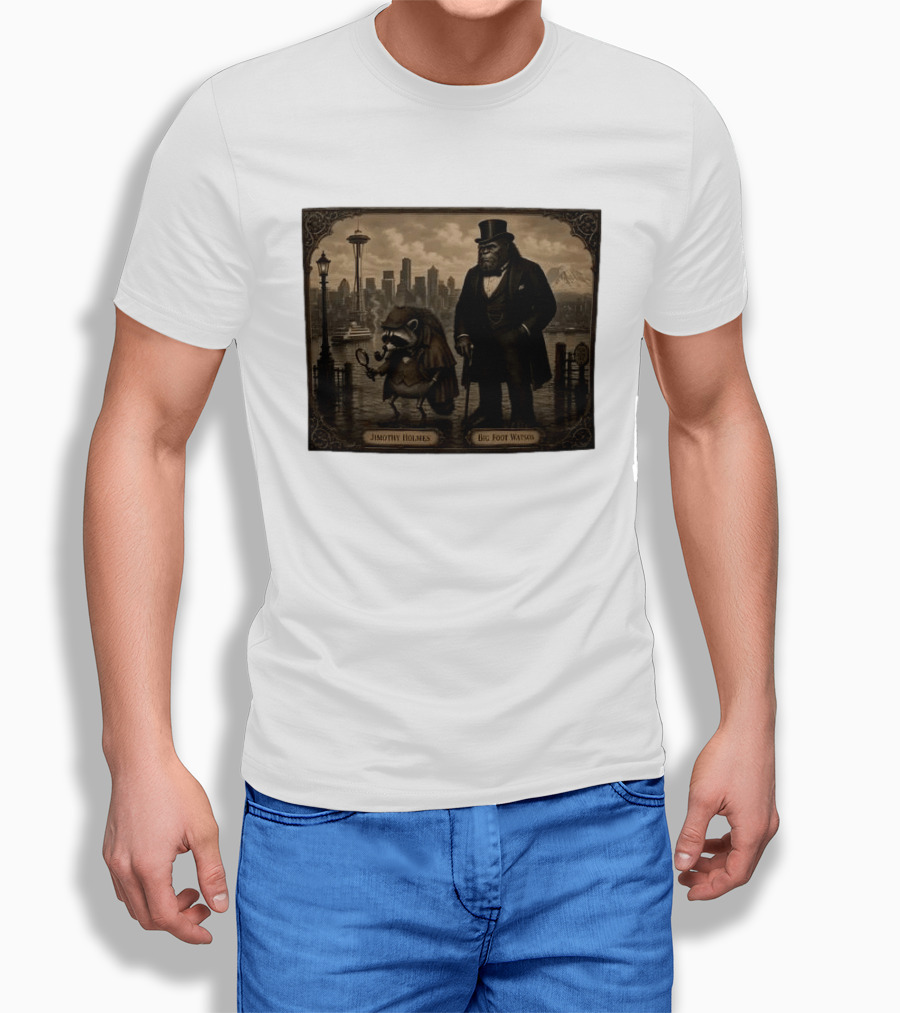 Jimothy Holmes Bigfoot Watson In Vintage Detective Scene Seattle Skyline T-Shirt