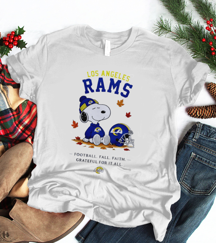 Los Angeles Rams Snoopy Football Fall Faith Grateful For It All NFL Peanuts Fan Gear T-Shirt