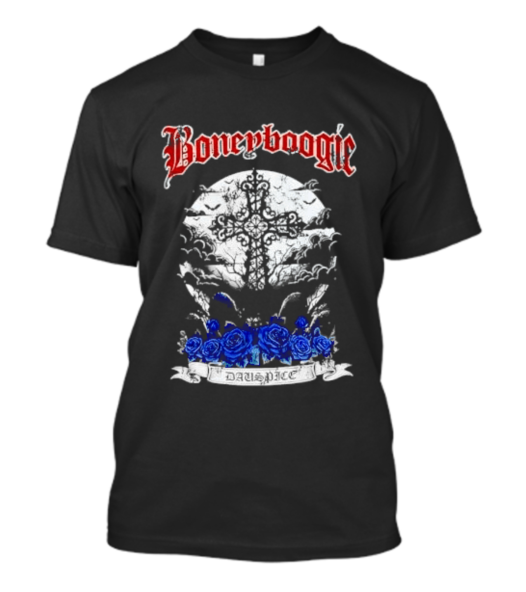 Boneyboogie Gothic Cross With Blue Roses And Full Moon T-Shirt