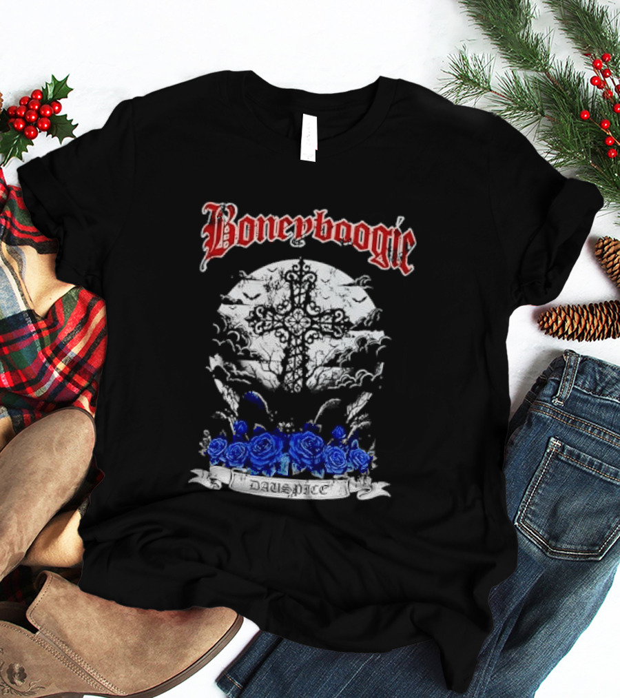 Boneyboogie Gothic Cross With Blue Roses And Full Moon T-Shirt