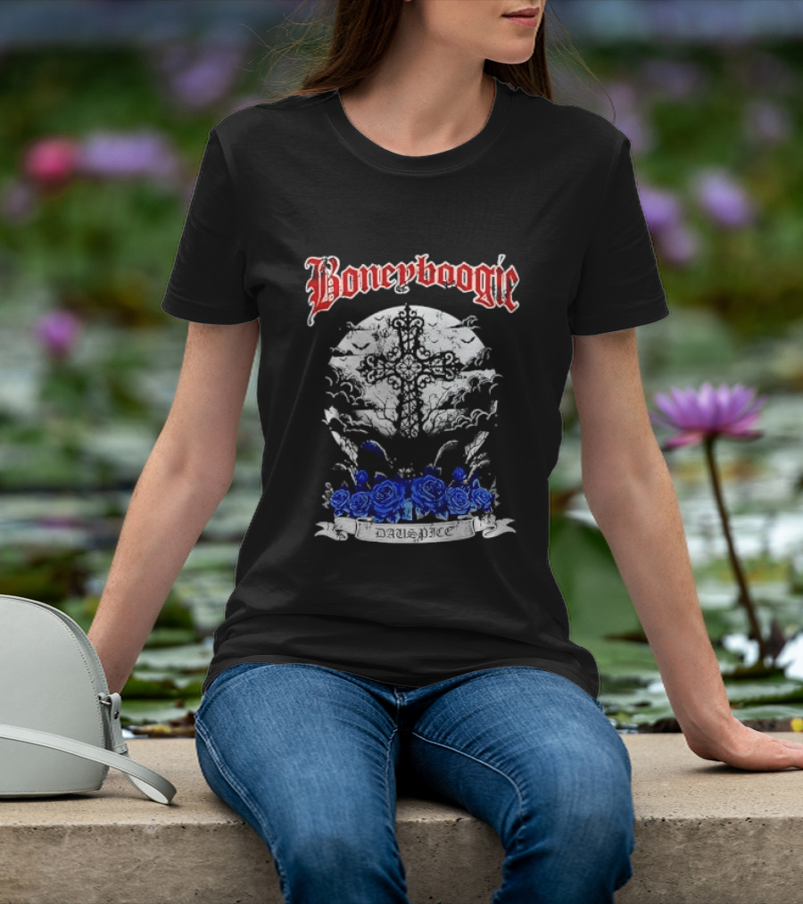 Boneyboogie Gothic Cross With Blue Roses And Full Moon T-Shirt