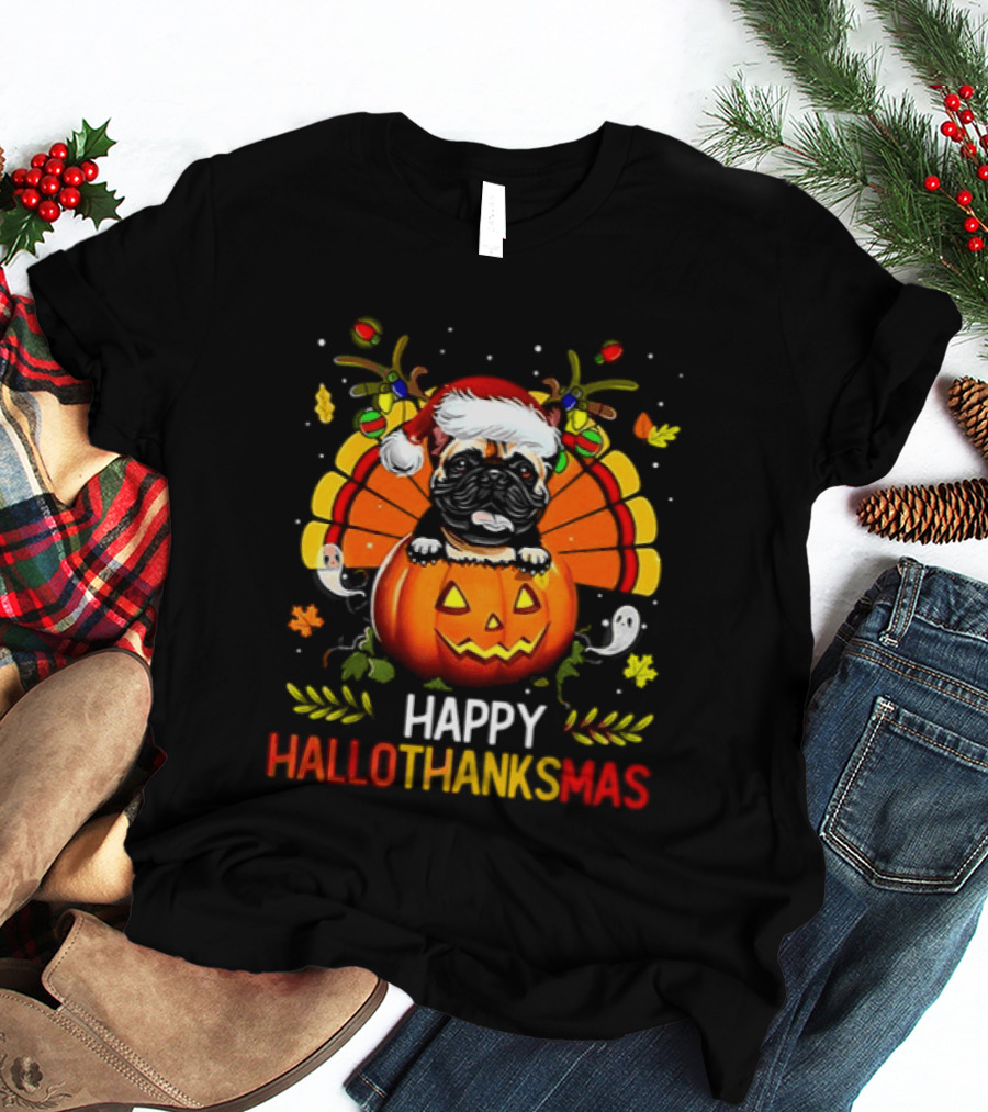 Happy Hallothanksmas Bulldog With Santa Hat Pumpkin And Turkey Feathers 2026 T-Shirt