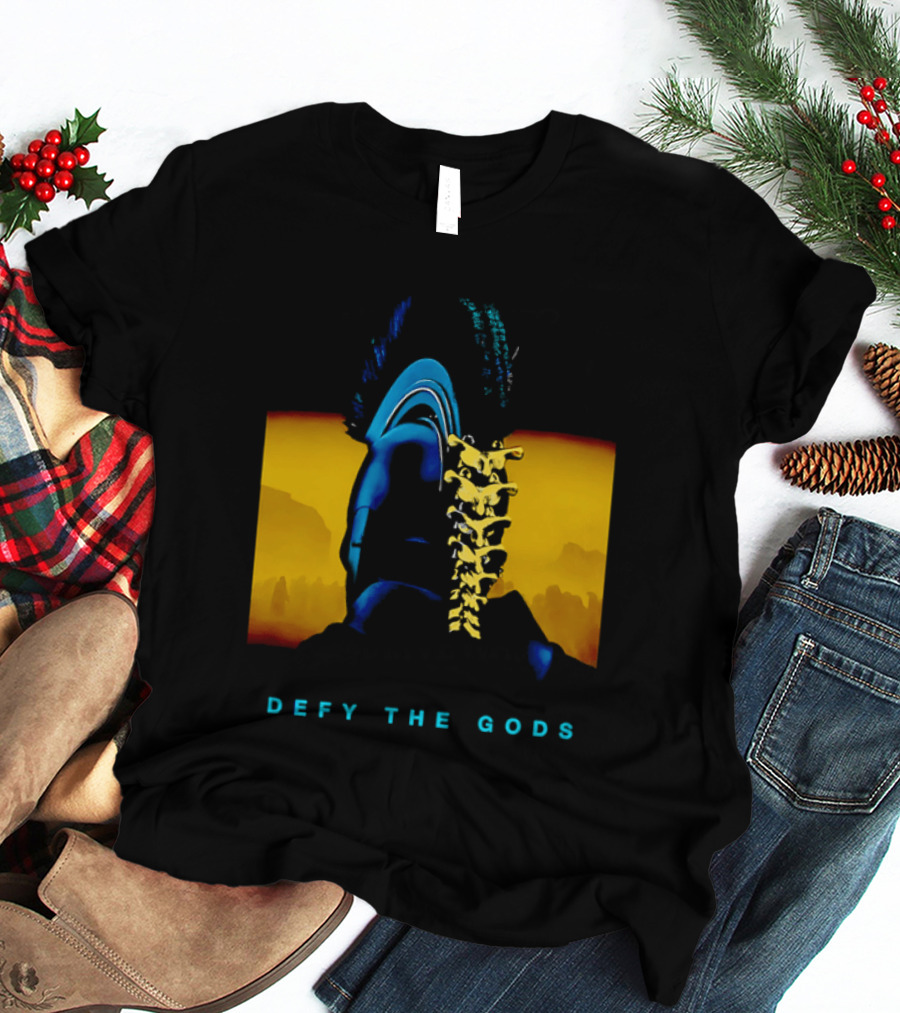 Defy The Gods Spartan Warrior Helmet Art Blue And Gold T-Shirt
