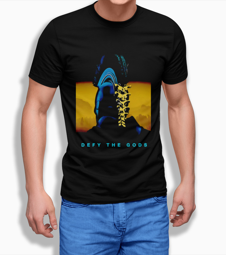 Defy The Gods Spartan Warrior Helmet Art Blue And Gold T-Shirt
