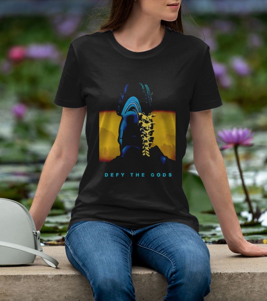 Defy The Gods Spartan Warrior Helmet Art Blue And Gold T-Shirt