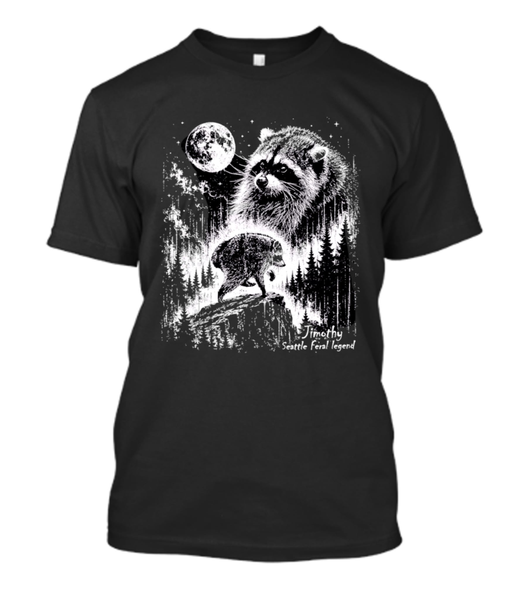 Jimothy Raccoon Scenic Trail Legend Moonlit Wilderness Forest Scene T-Shirt