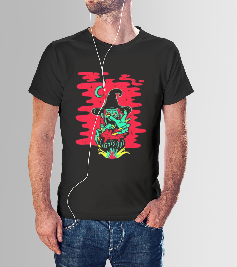 Lights Out Podcast Witch Halloween 2026 Crescent Moon T-Shirt