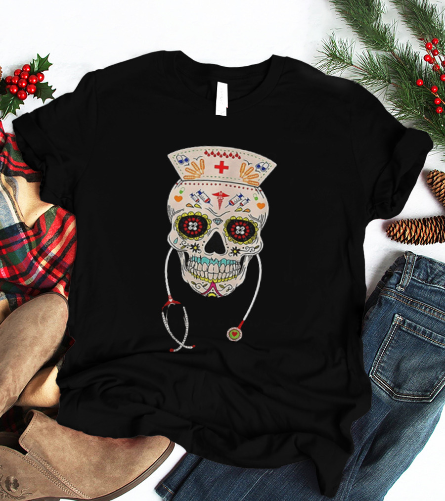 Nurse Sugar Skull Halloween Day Of The Dead Dia De Los Muertos T-Shirt
