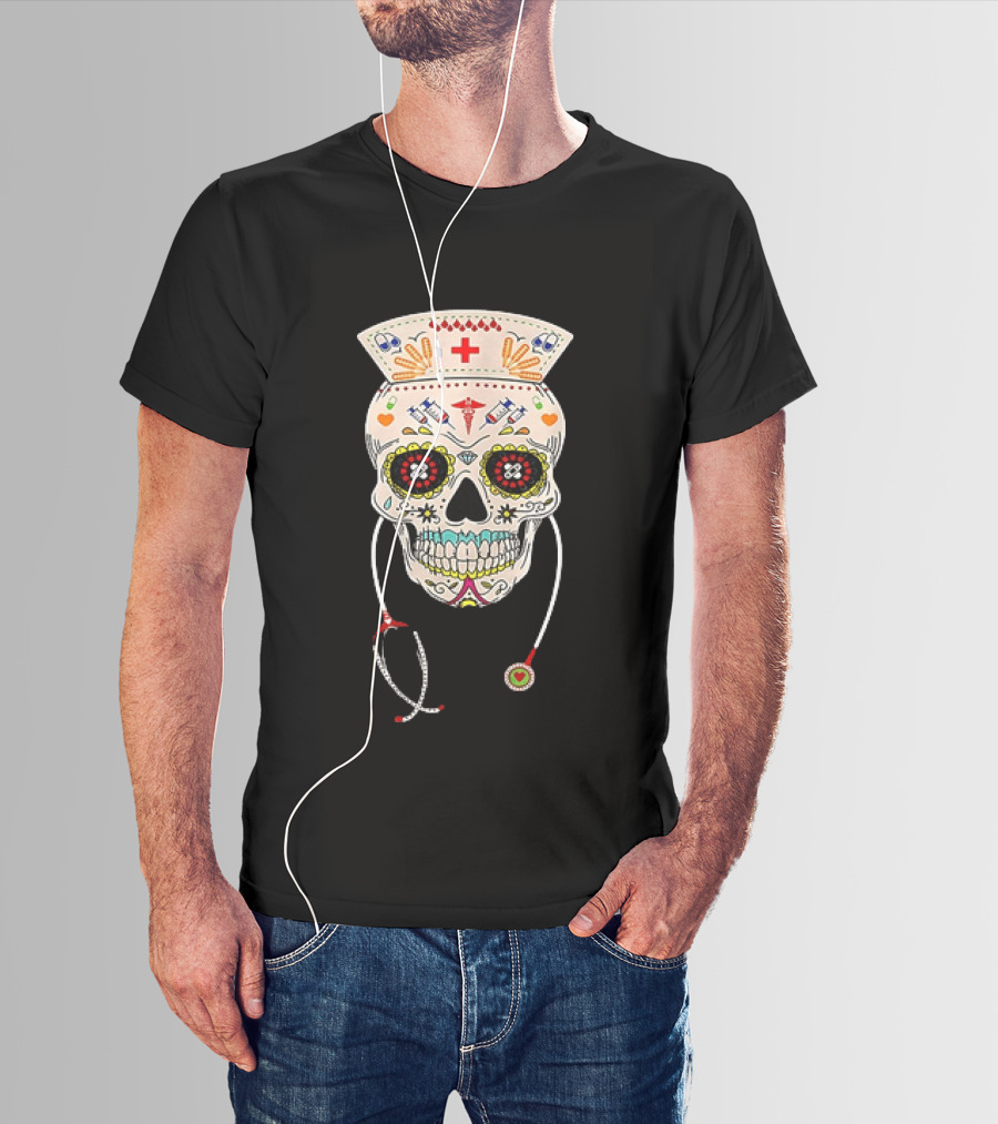 Nurse Sugar Skull Halloween Day Of The Dead Dia De Los Muertos T-Shirt