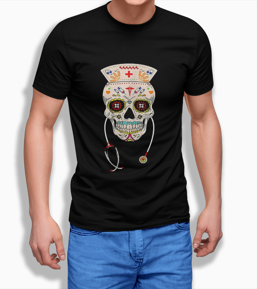 Nurse Sugar Skull Halloween Day Of The Dead Dia De Los Muertos T-Shirt
