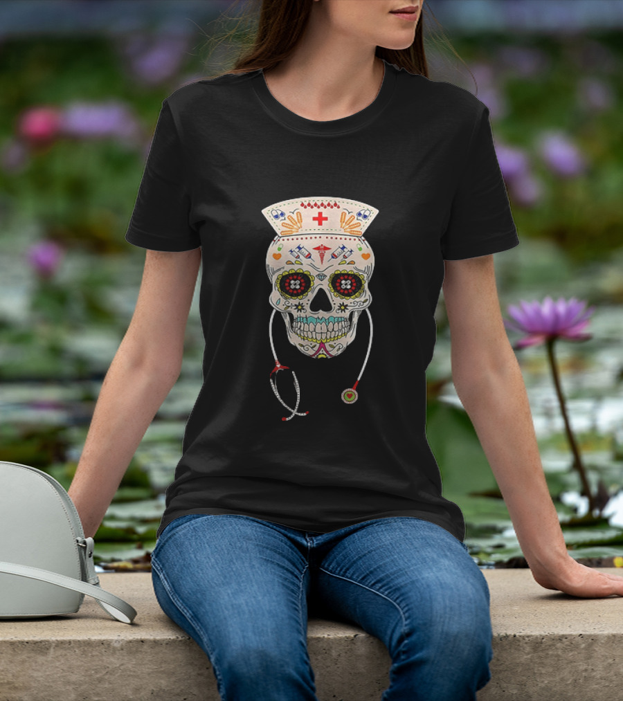 Nurse Sugar Skull Halloween Day Of The Dead Dia De Los Muertos T-Shirt