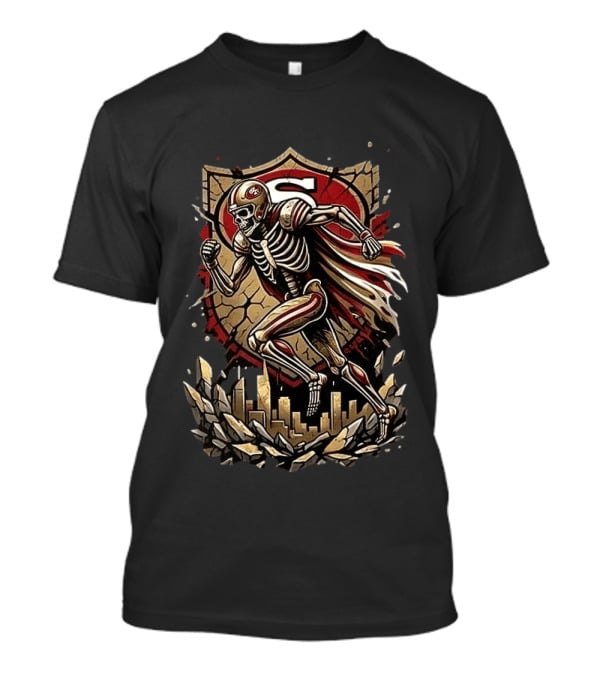 San Francisco 49ers Skeleton Runs In My Blood Football Skyline Shield T-Shirt