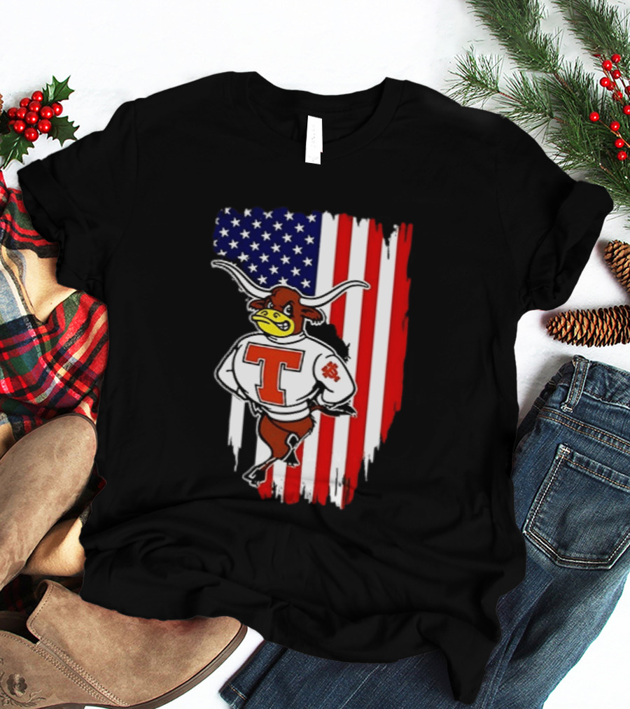 Texas Longhorns Mascot Over USA Flag T-Shirt