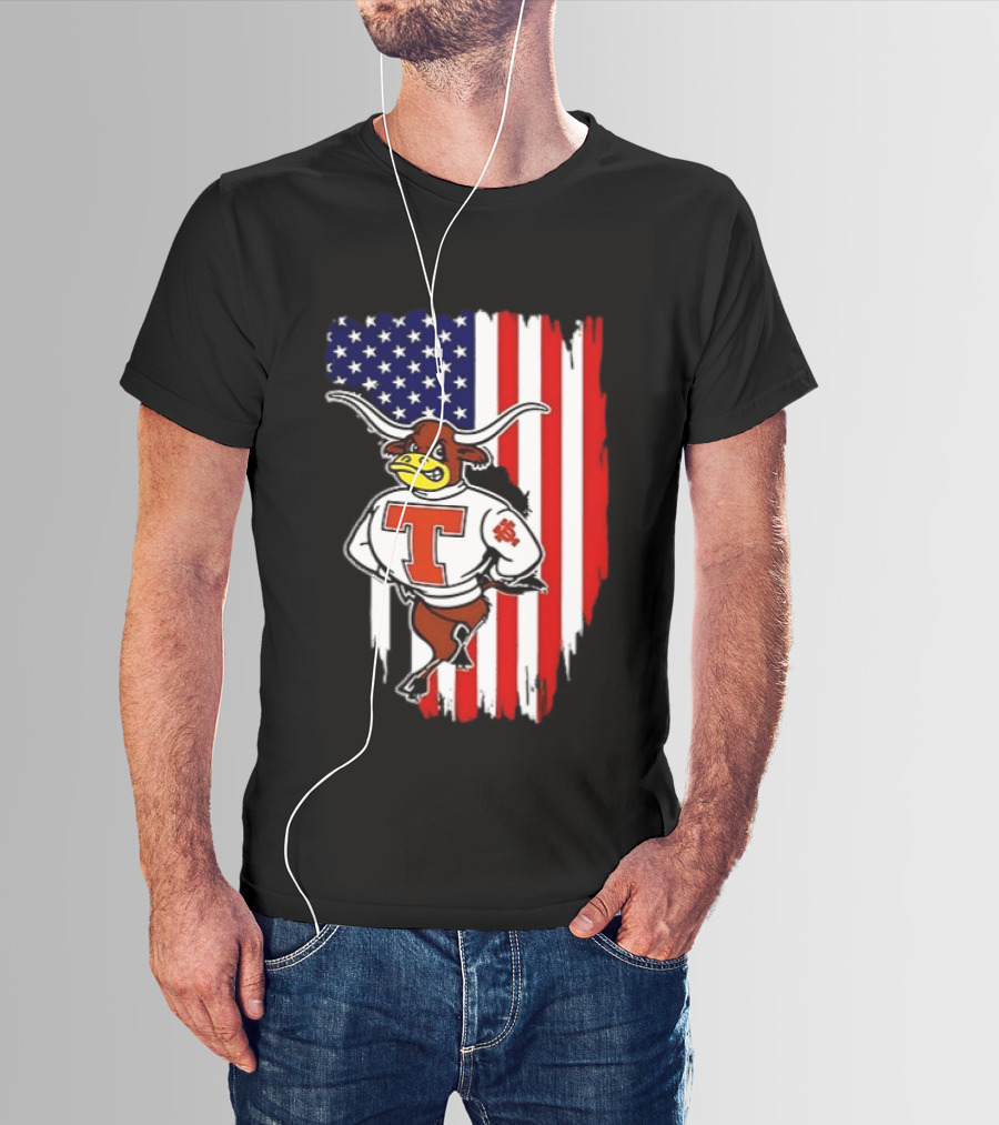 Texas Longhorns Mascot Over USA Flag T-Shirt