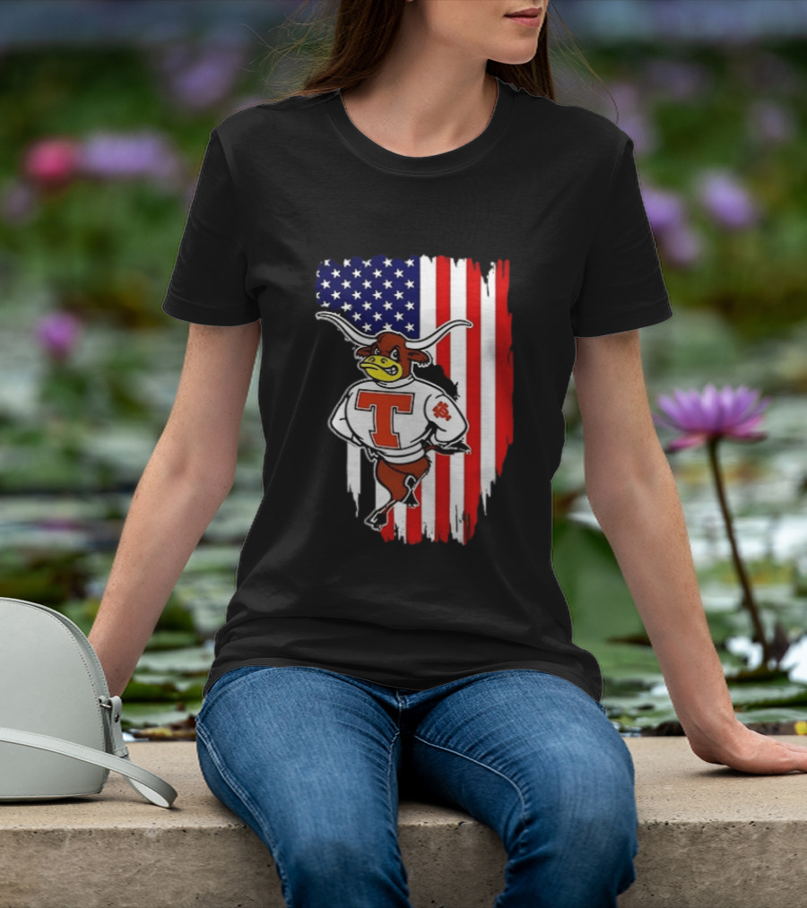 Texas Longhorns Mascot Over USA Flag T-Shirt