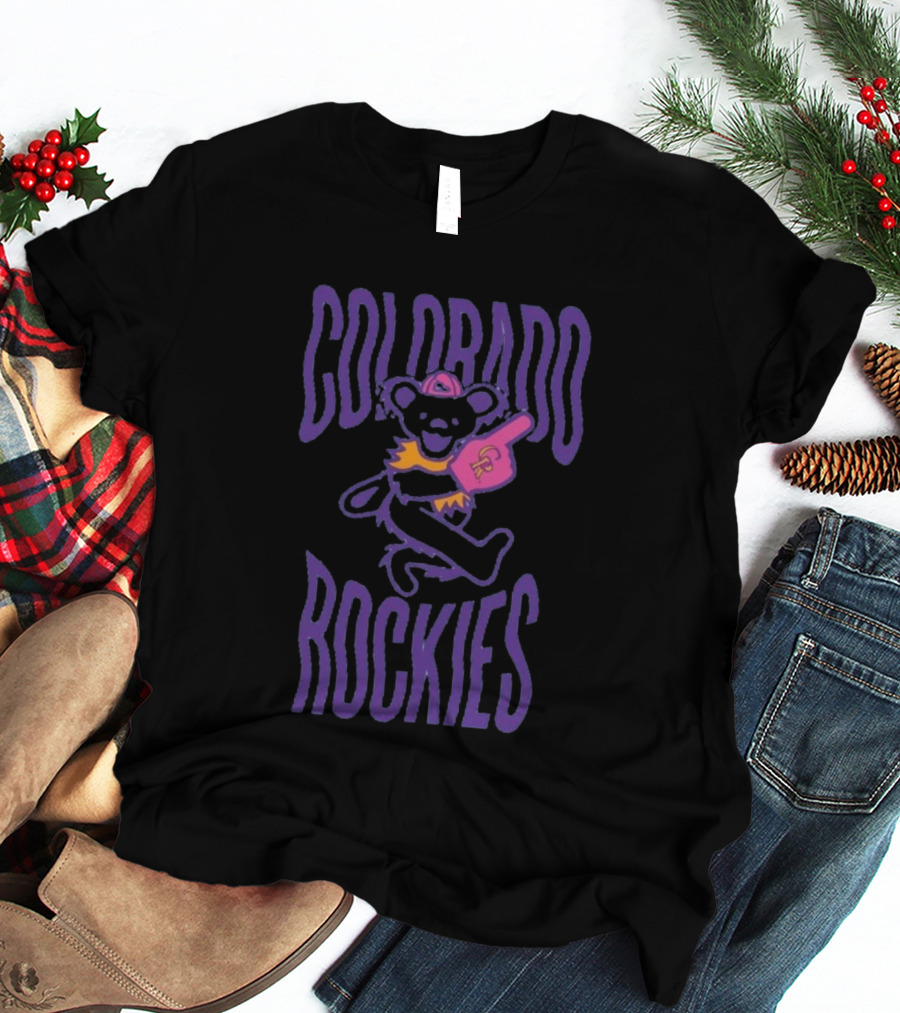 Colorado Rockies Grateful Dead Bear With Foam Finger Fan T-Shirt