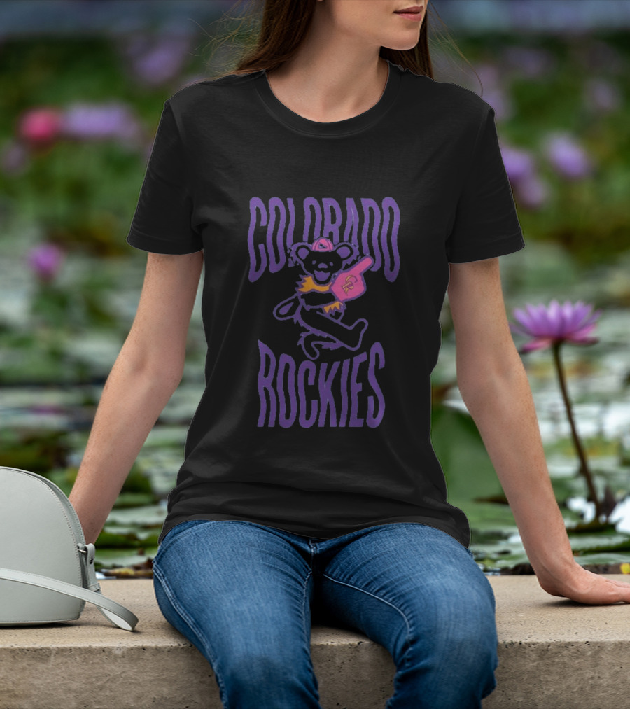 Colorado Rockies Grateful Dead Bear With Foam Finger Fan T-Shirt