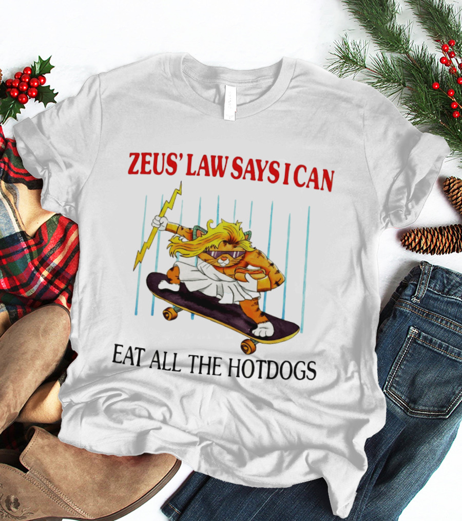 Zeus' Law Says I Can Eat All The Hotdogs Cat Holding Lightning Skateboard T-Shirt