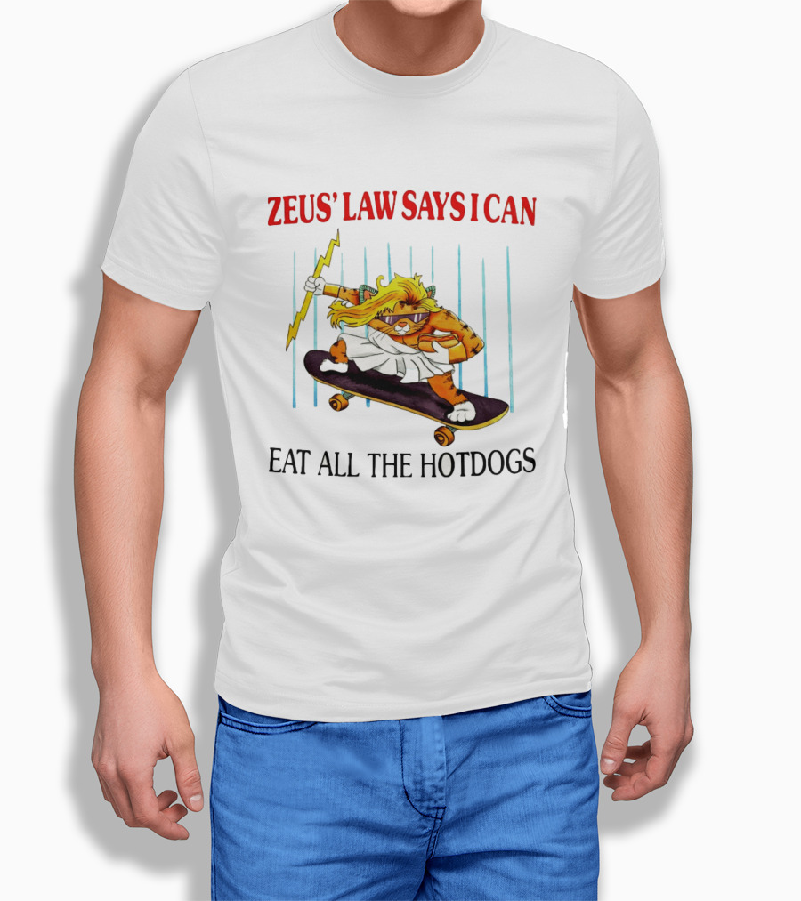 Zeus' Law Says I Can Eat All The Hotdogs Cat Holding Lightning Skateboard T-Shirt