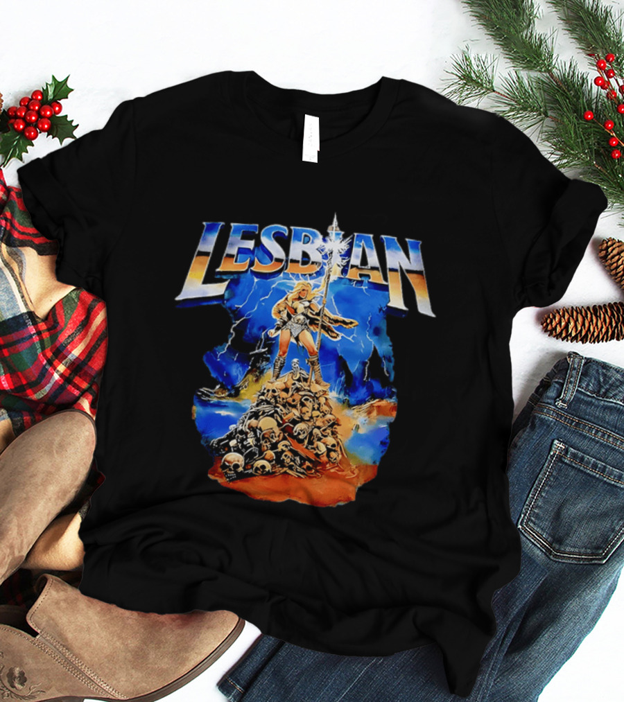 LESBIAN Warrior Epic Pose Amidst Pile Of Skulls And Lightning T-Shirt