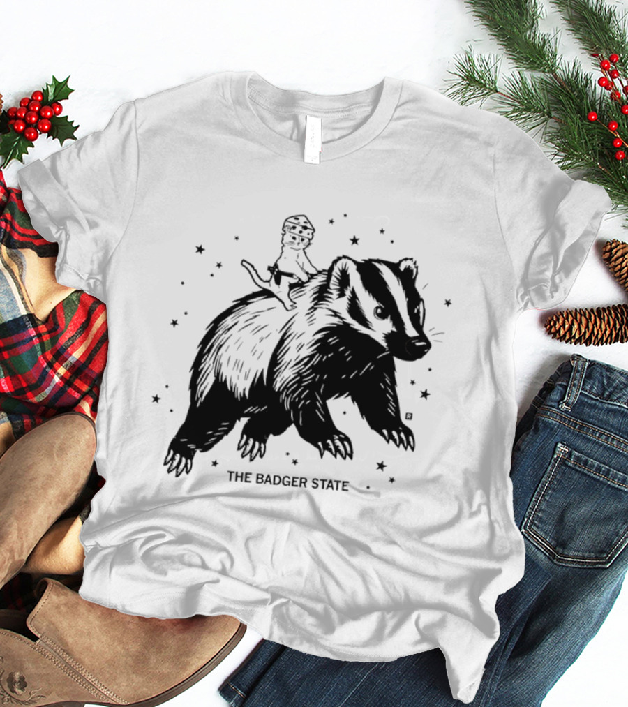 The Badger State Cat Wearing Cheese Hat On Badger With Stars T-Shirt