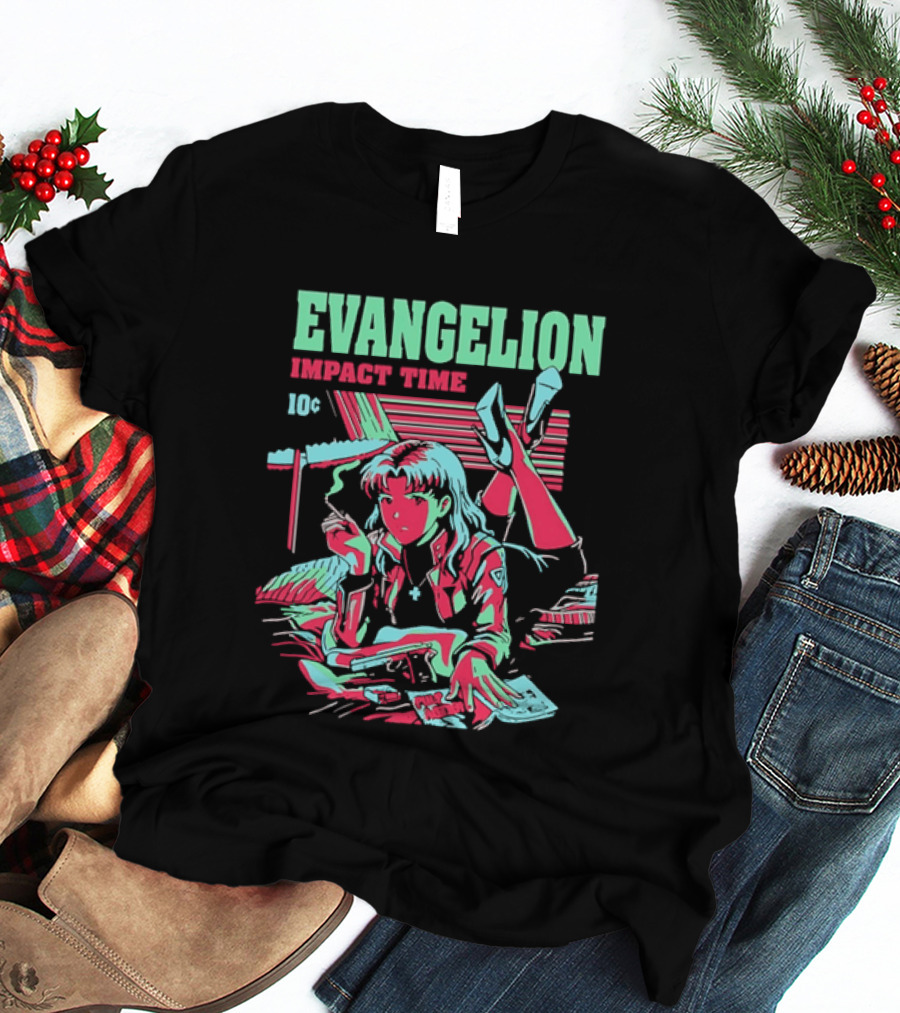 Evangelion Impact Time Misato Katsuragi Smoking Gun Bed Pulp Fiction Visual 90s T-Shirt