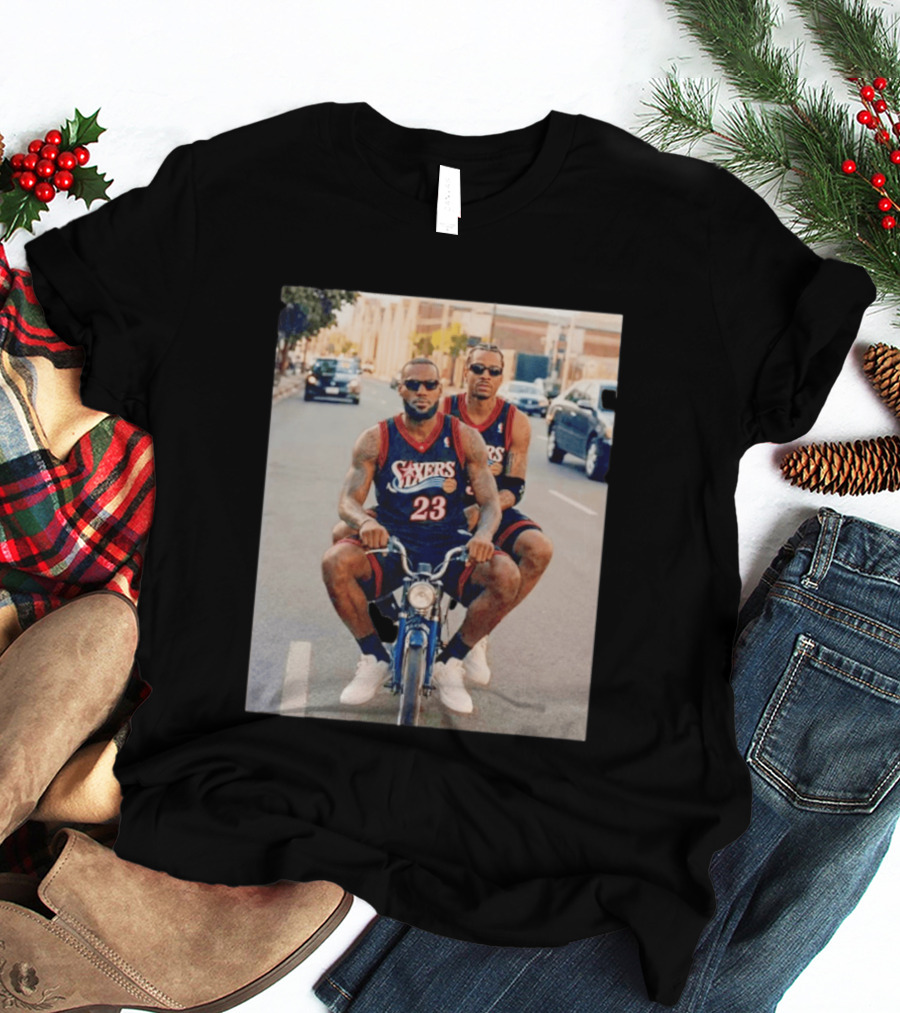Philadelphia 76ers LeBron James Allen Iverson Duo On Bicycle T-Shirt