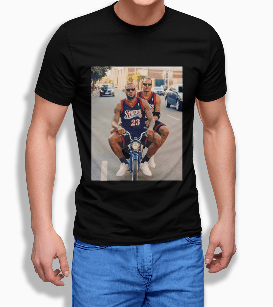 Philadelphia 76ers LeBron James Allen Iverson Duo On Bicycle T-Shirt