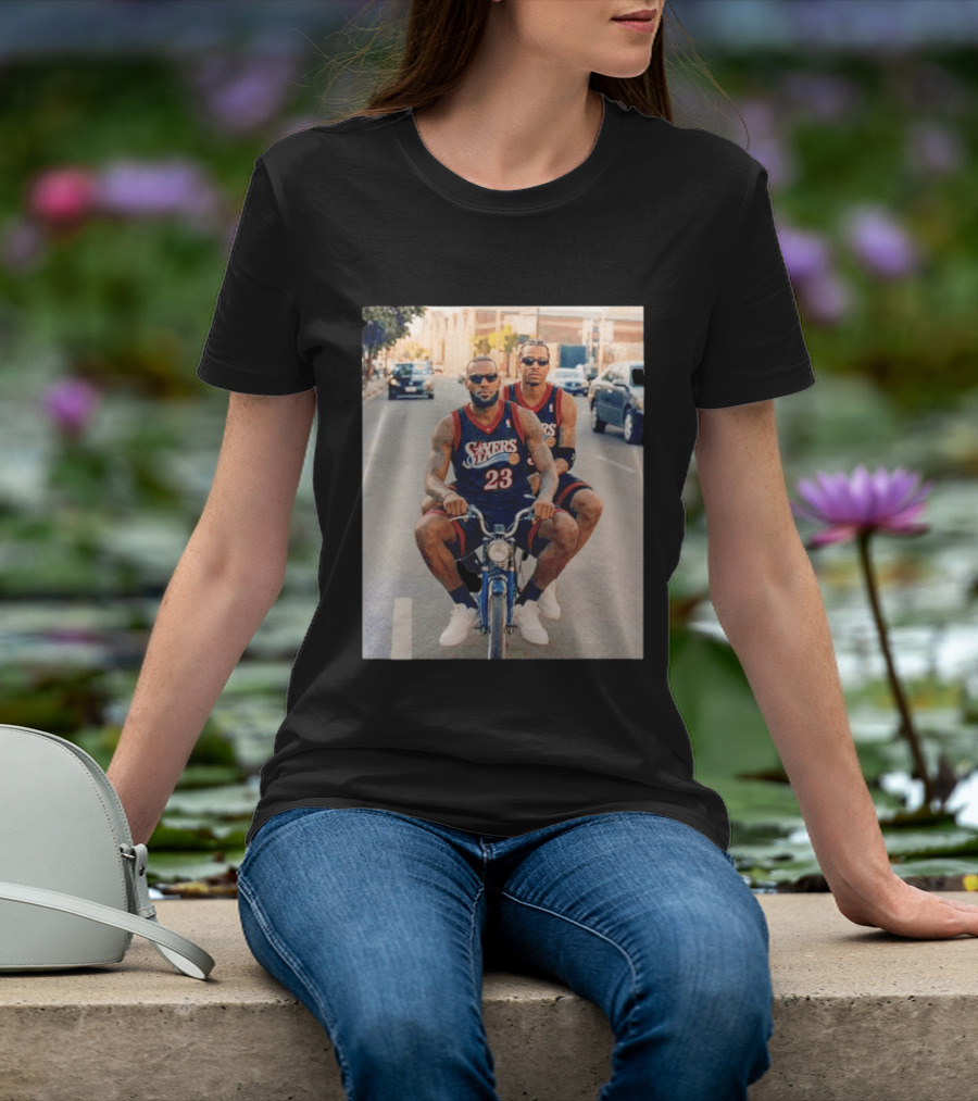 Philadelphia 76ers LeBron James Allen Iverson Duo On Bicycle T-Shirt