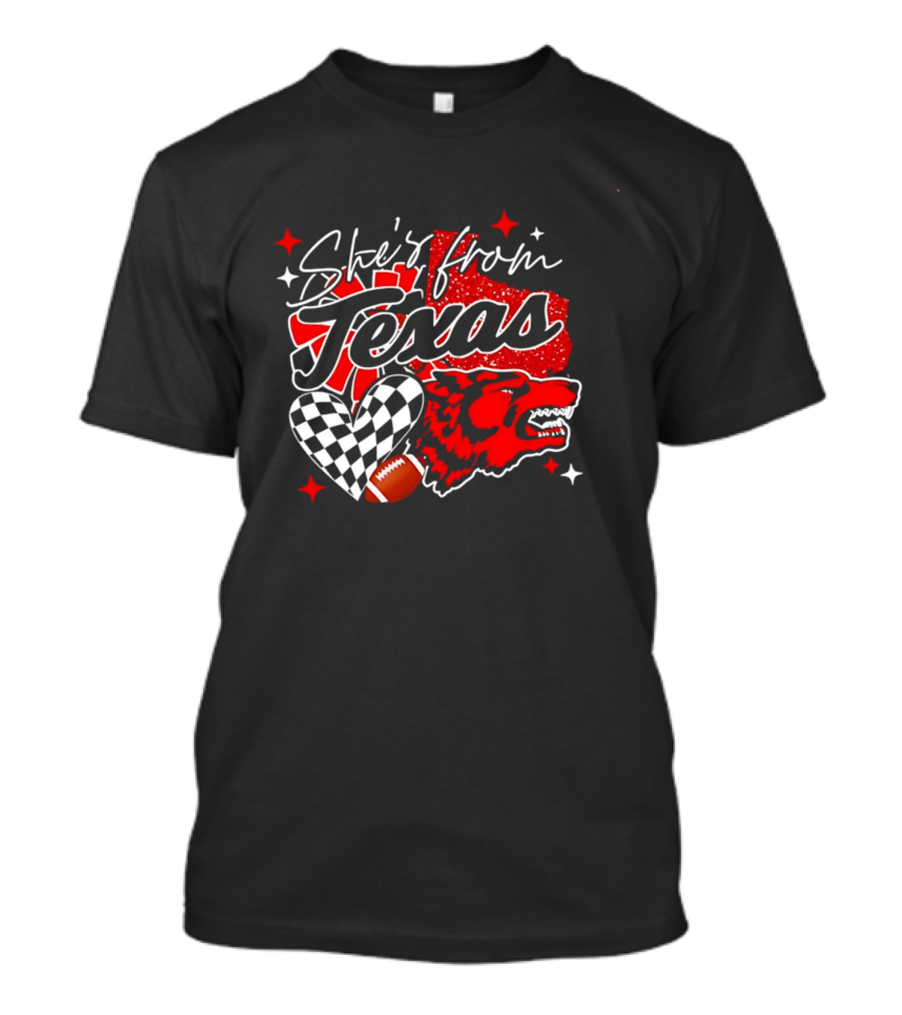 Cheerleading Texas Football Wolf She's From Texas Heart Checkered Ball Stars T-Shirt