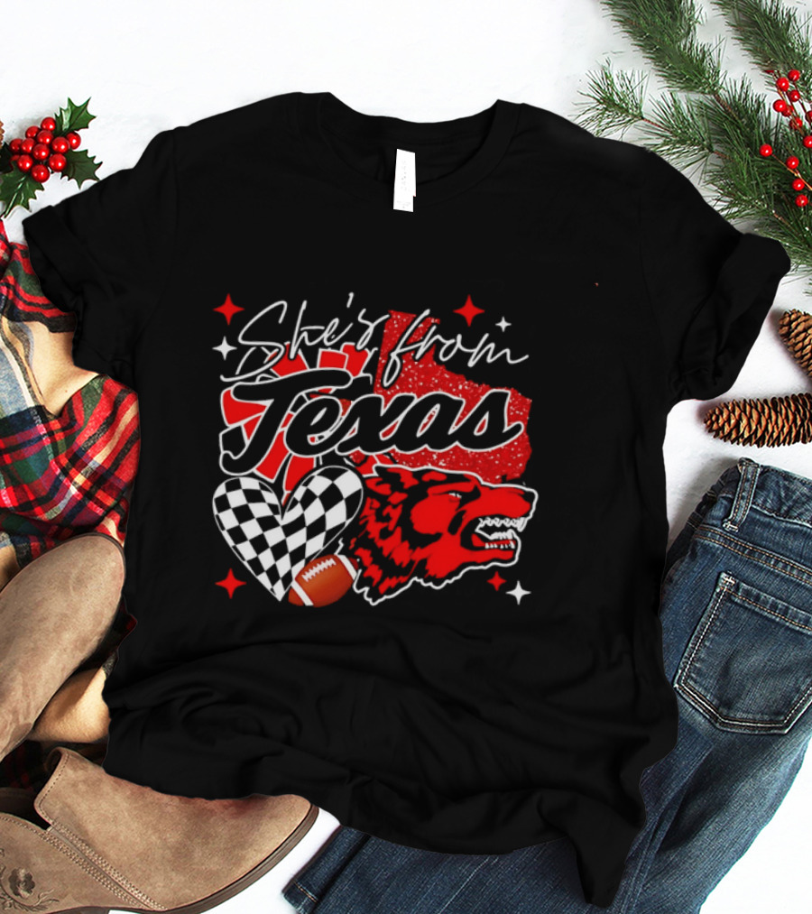 Cheerleading Texas Football Wolf She's From Texas Heart Checkered Ball Stars T-Shirt