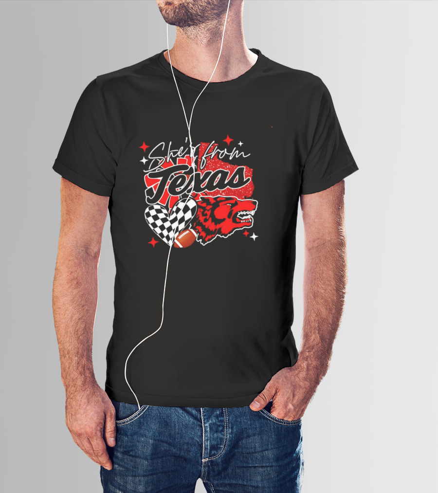 Cheerleading Texas Football Wolf She's From Texas Heart Checkered Ball Stars T-Shirt