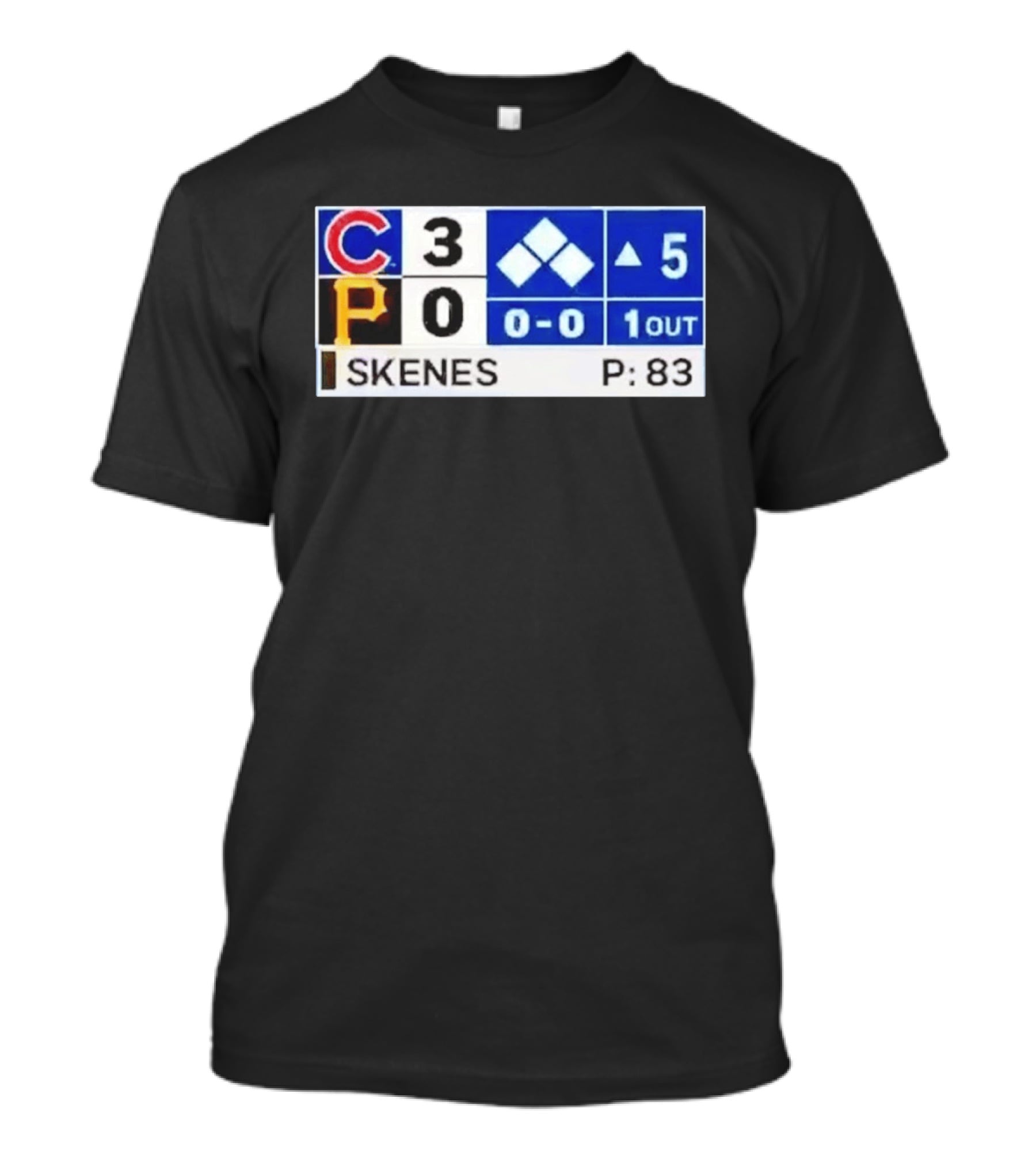 Chicago Cubs 3 Pittsburgh Pirates 0 Scoreboard Skenes Pitching 5th Inning Baseball T-Shirt