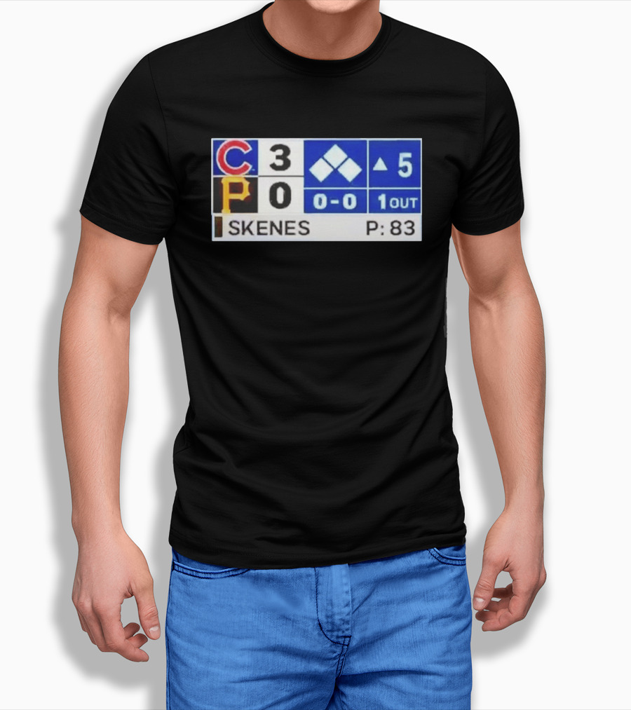 Chicago Cubs 3 Pittsburgh Pirates 0 Scoreboard Skenes Pitching 5th Inning Baseball T-Shirt