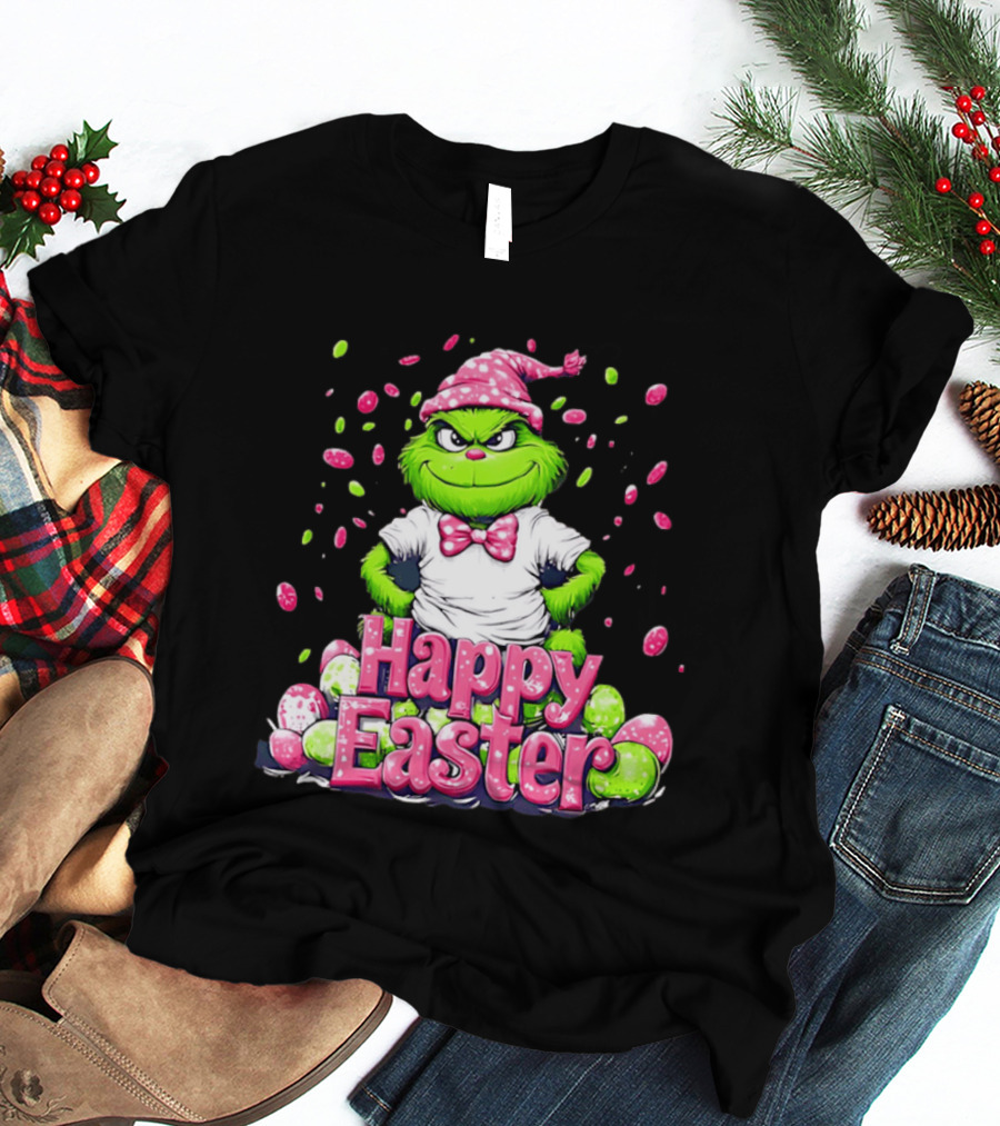Happy Easter Grinch In Festive Hat With Colorful Eggs T-Shirt
