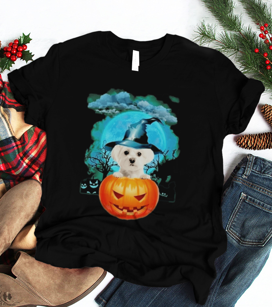 Happy Halloween White Maltese Witch Hat Pumpkin Blue Moon T-Shirt