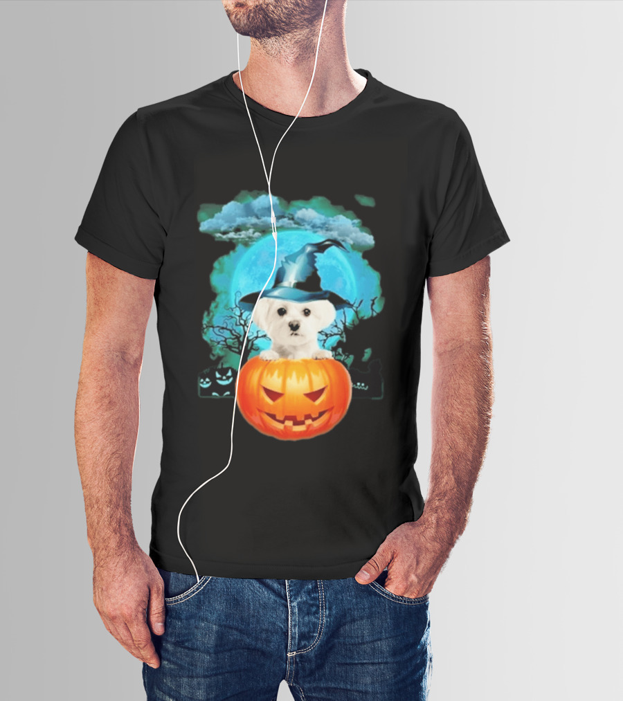 Happy Halloween White Maltese Witch Hat Pumpkin Blue Moon T-Shirt
