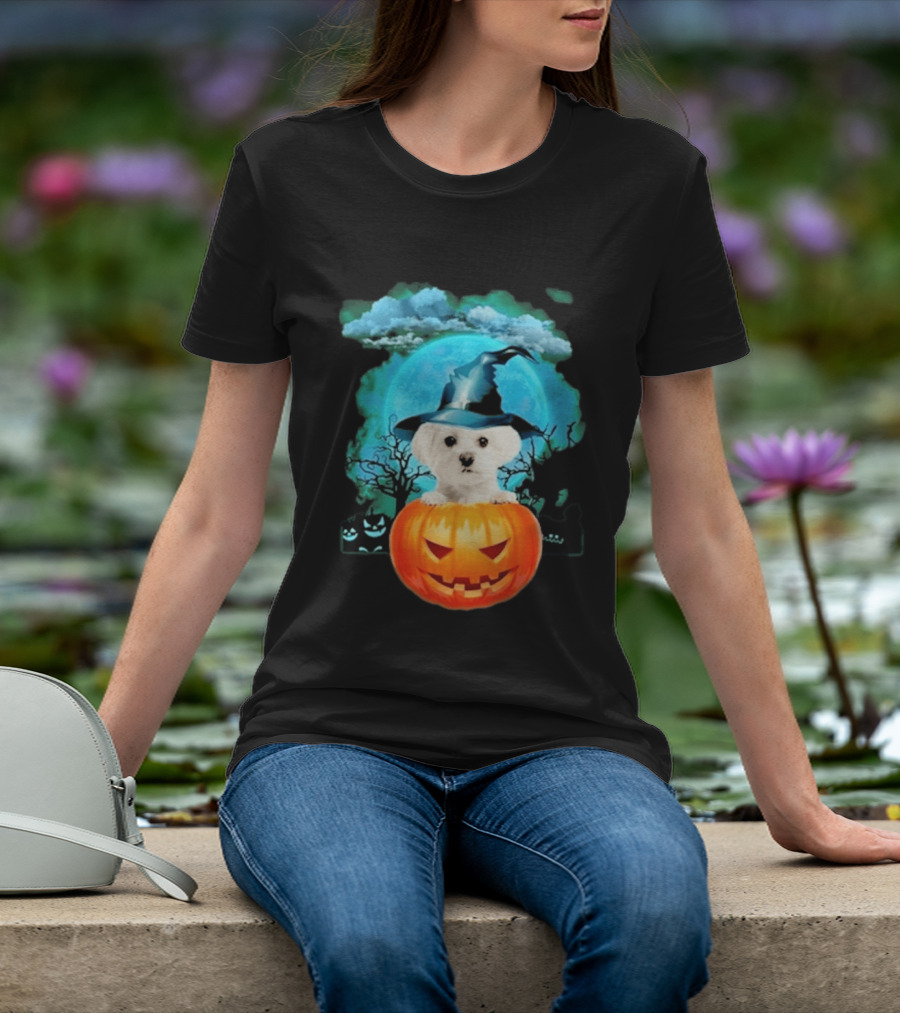 Happy Halloween White Maltese Witch Hat Pumpkin Blue Moon T-Shirt