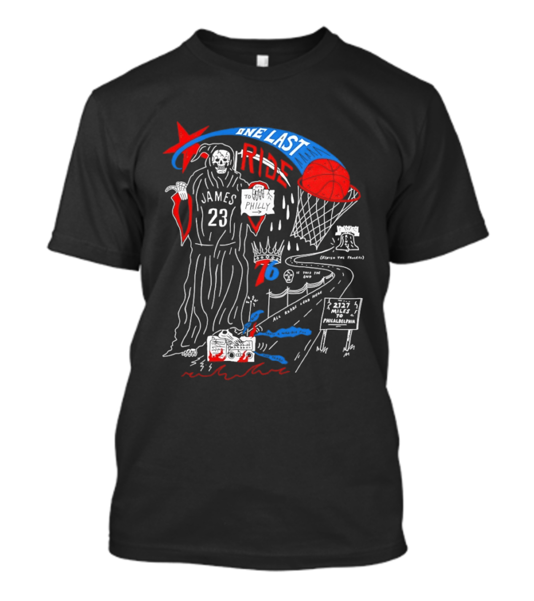 LeBron James One Last Ride 23 Philadelphia 76ers Miles To Philly 2023 Liberty Bell T-Shirt
