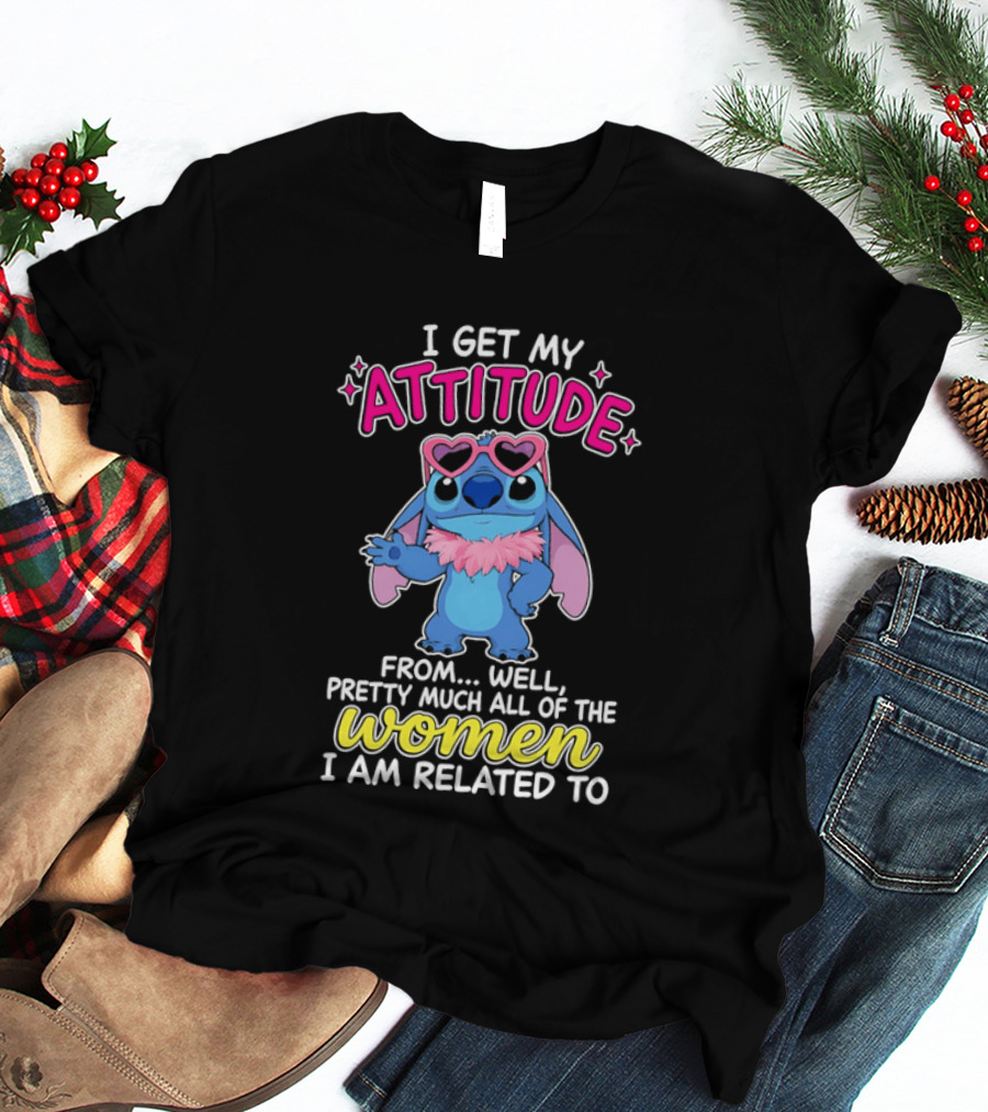 I Get My Attitude From Pretty Much All Of The Women I Am Related To Cute Blue Cartoon Character With Pink Accessories T-Shirt